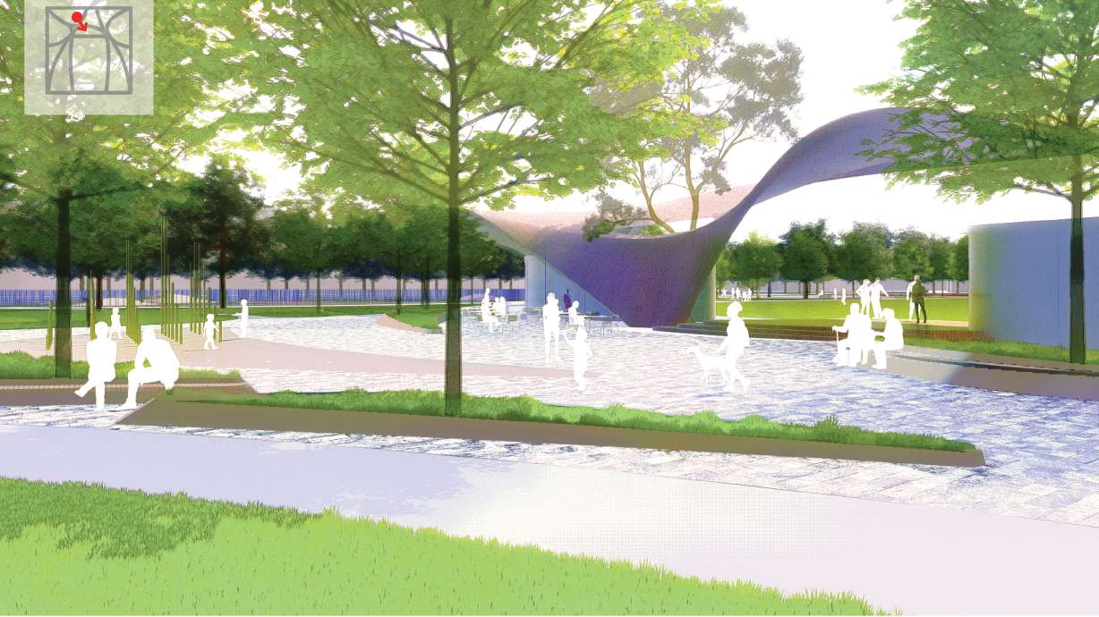 An artist rendering of Pioneer Park by a pavilion area in the northern portion of the park.