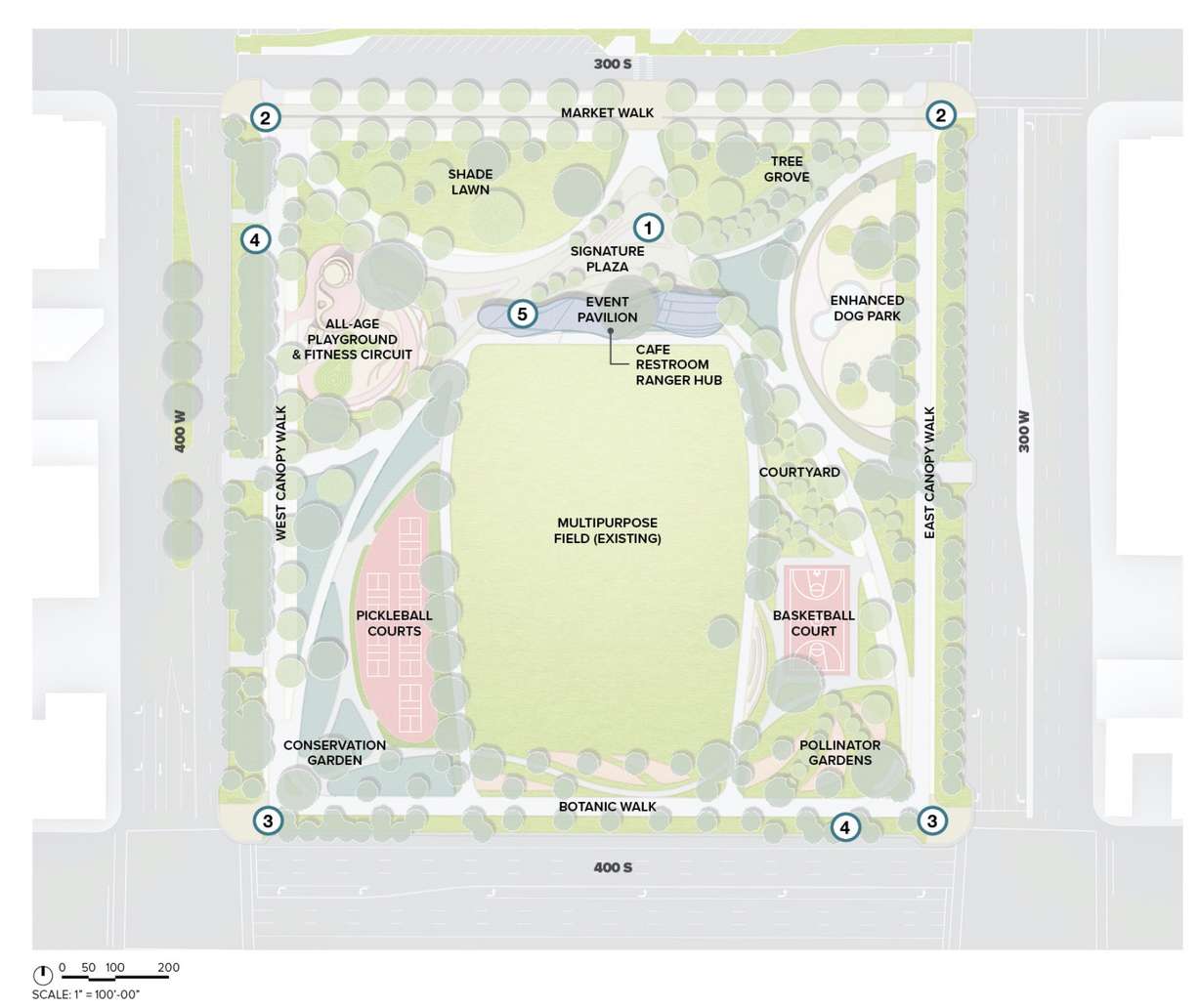 A map showing the preferred changes at Pioneer Park in Salt Lake City. A survey about the proposal is open through Feb. 18.