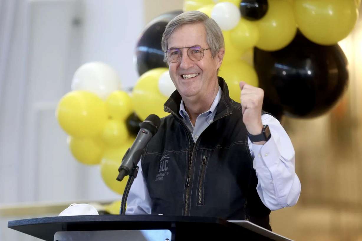 Salt Lake City Department of Airports executive director Bill Wyatt speaks during a press conference to announce that Spirit Airlines will begin service to and from Salt Lake City in May, at Salt Lake City International Airport in Salt Lake City on Tuesday, Jan. 25, 2022.