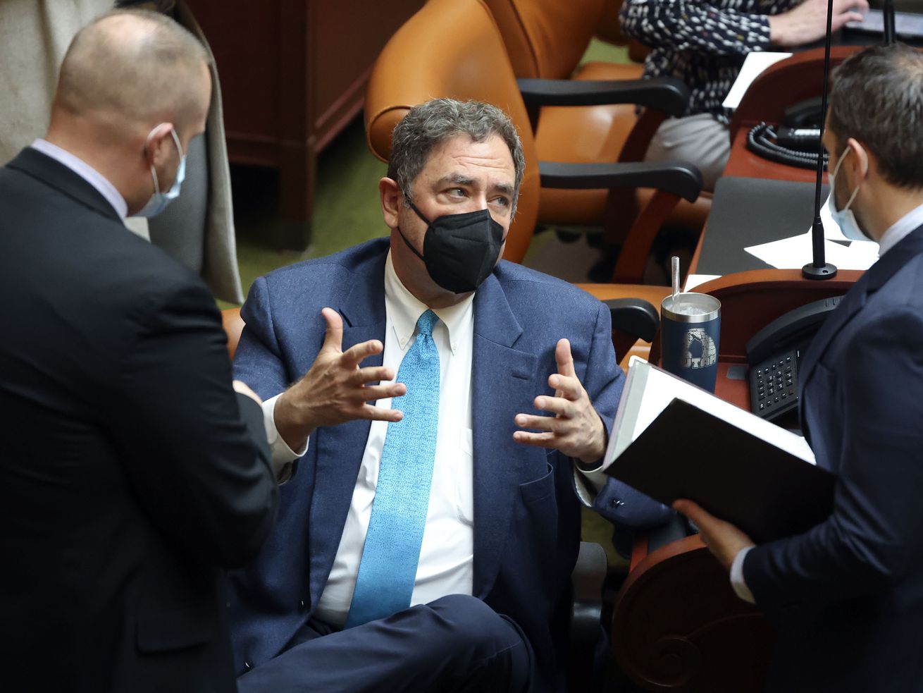 House Minority Leader Brian King, D-Salt Lake City, wears a mask while working in the House chamber on the fourth day of the Utah general legislative session at the Capitol in Salt Lake City on Jan. 21.