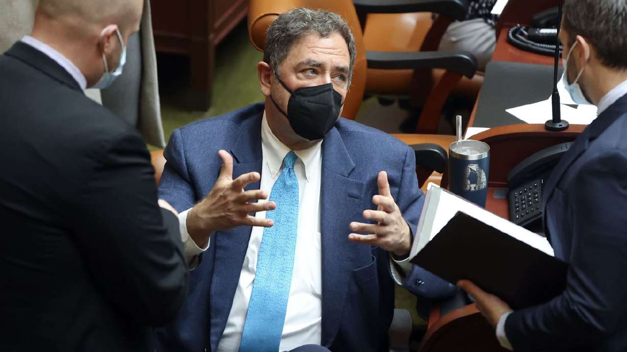 House Minority Leader Brian King, D-Salt Lake City, wears a mask while working in the House chamber on the fourth day of the Utah general legislative session at the Capitol in Salt Lake City on Jan. 21.
