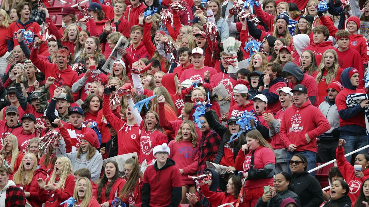Springville High School fans cheer during the 5A football championship game against Lehi High School at Rice-Eccles Stadium in Salt Lake City on Friday, Nov. 19. A bill that is making its way through the 2022 Legislative General Session could incentivize athletic directors in Utah to seek national certification and training, something that experts say is needed.