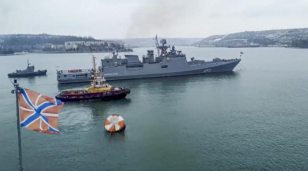 The Russian navy frigate Admiral Essen prepares to sail off for an exercise in the Black Sea in a photo released Wednesday.