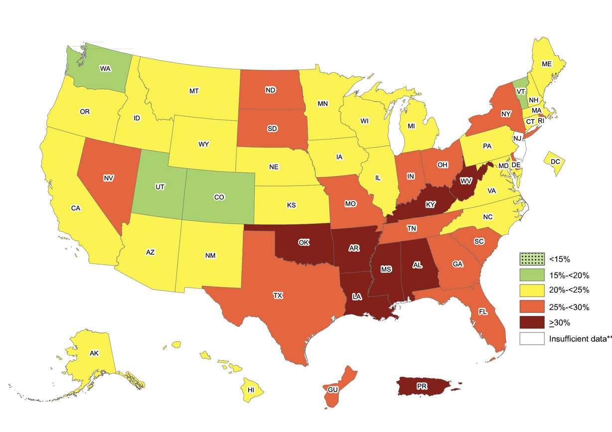 This map shows the level of inactivity reported by state territory in the United States based on data collected from 2017 through 2020. Lower numbers means higher levels of physical activity, and Utah had the second-lowest inactivity score at 18.2%.