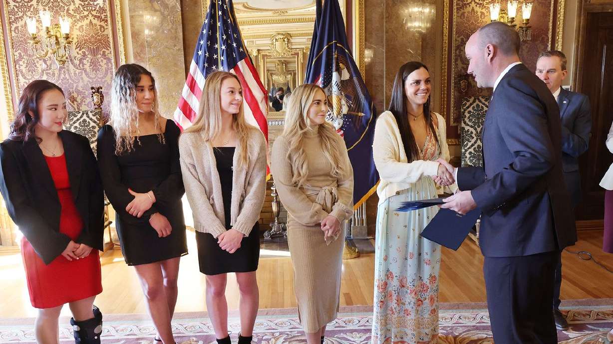 Gov. Spencer Cox recognizes the achievements of
University of Utah gymnasts Kara Eaker, Amelie Morgan, Grace
McCallum, MyKayla Skinner and swimmer Rhyan White, a Utah native,
at the Capitol in Salt Lake City on Wednesday, who
represented the U.S. and Great Britain at the Tokyo Olympic Games.