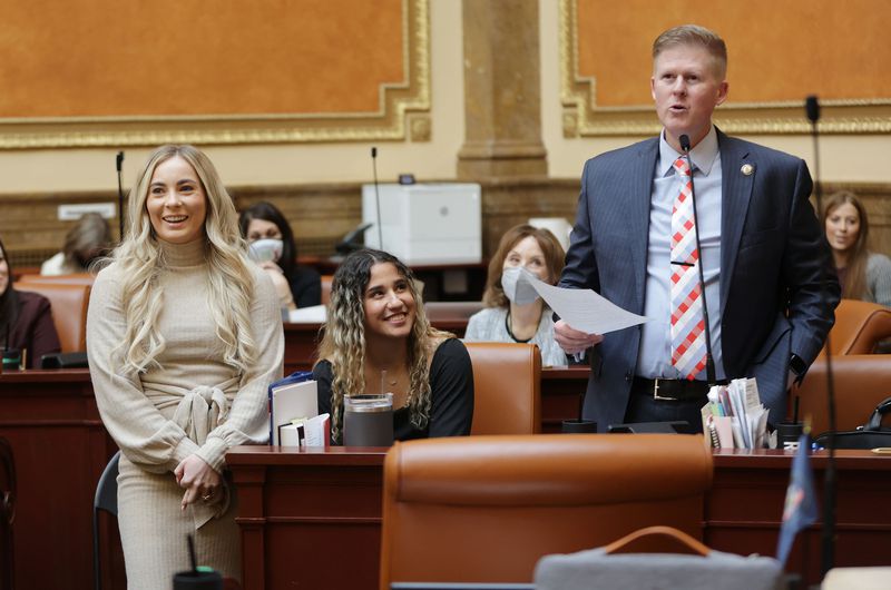 Olympians and University of Utah gymnasts MyKayla
Skinner and Amelie Morgan are honored in the House of
Representatives by Rep. Jon Hawkins, R-Pleasant Grove, for their
achievements at the Capitol in Salt Lake City on Wednesday.