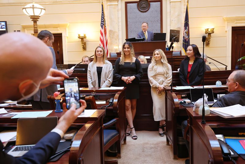 The Utah Senate honor achievements of University of
Utah gymnasts at the Capitol in Salt Lake City on Wednesday, who represented the U.S. and Great Britain at the Tokyo
Olympic Games.