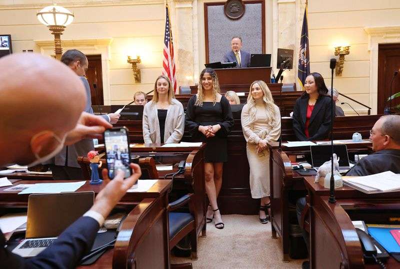 The Utah Senate honor achievements of University of
Utah gymnasts at the Capitol in Salt Lake City on Wednesday, who represented the U.S. and Great Britain at the Tokyo
Olympic Games.