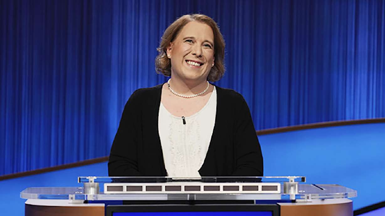 This image released by Sony Pictures Television shows contestant Amy Schneider on the set of "Jeopardy!" After 40 games, Schneider's winning streak has ended.