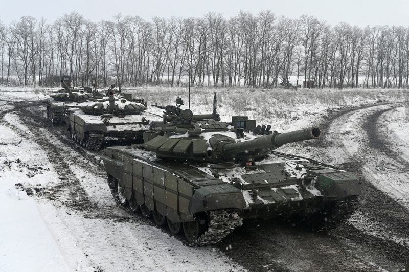 Russian T-72B3 main battle tanks drive during drills held by the armed forces of the Southern Military District at the Kadamovsky range in the Rostov region, Russia, on Thursday.