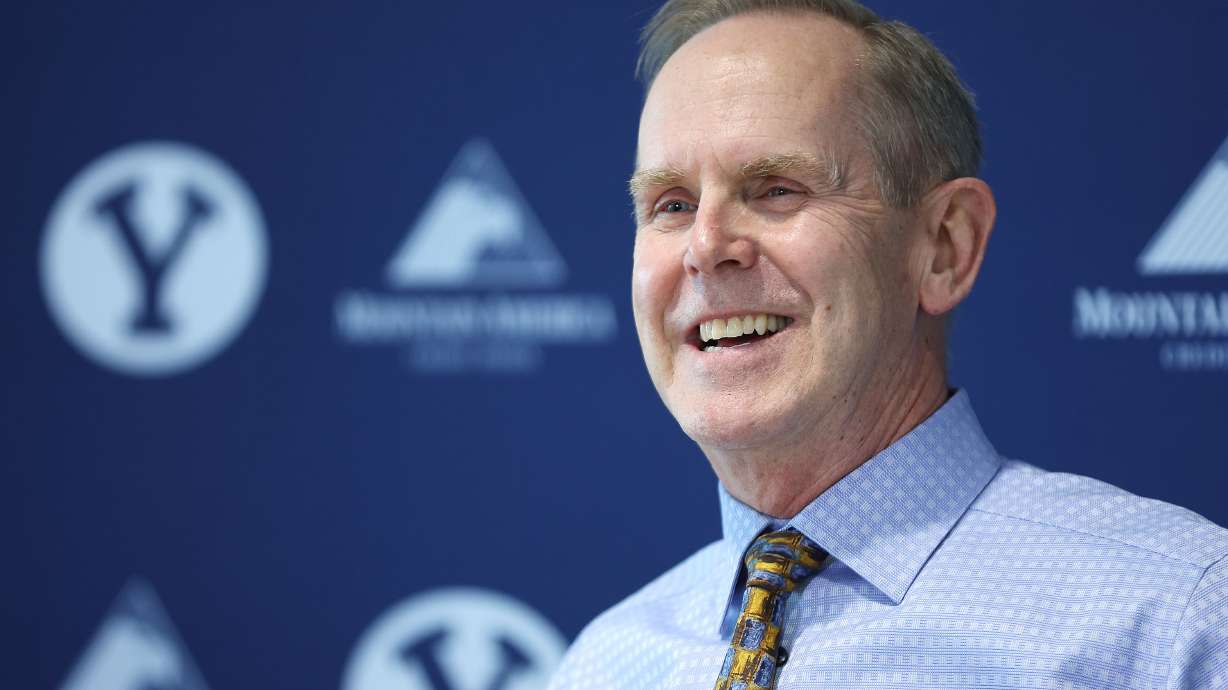 Brigham Young University Athletic Director Tom Holmoe is pictured at a press conference in Provo on Thursday, Jan. 27, 2022.