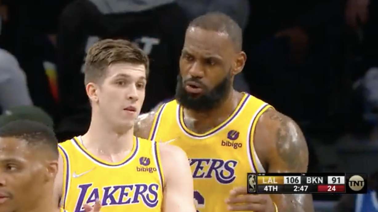 Video from a January 2022 Los Angeles Lakers game shows LeBron James sharing some wisdom with rookie Austin Reaves.