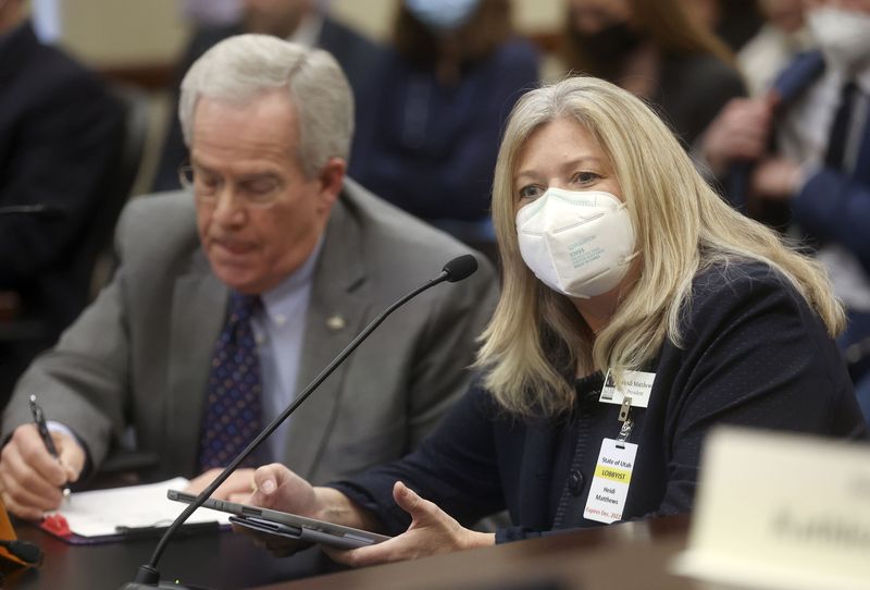 Utah Education Association President Heidi Matthews
speaks in opposition of SB114, Public School Curriculum
Requirements, during a Senate Education Committee meeting in the
Senate Building in Salt Lake City on Thursday.