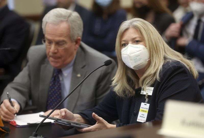 Utah Education Association President Heidi Matthews
speaks in opposition of SB114, Public School Curriculum
Requirements, during a Senate Education Committee meeting in the
Senate Building in Salt Lake City on Thursday.