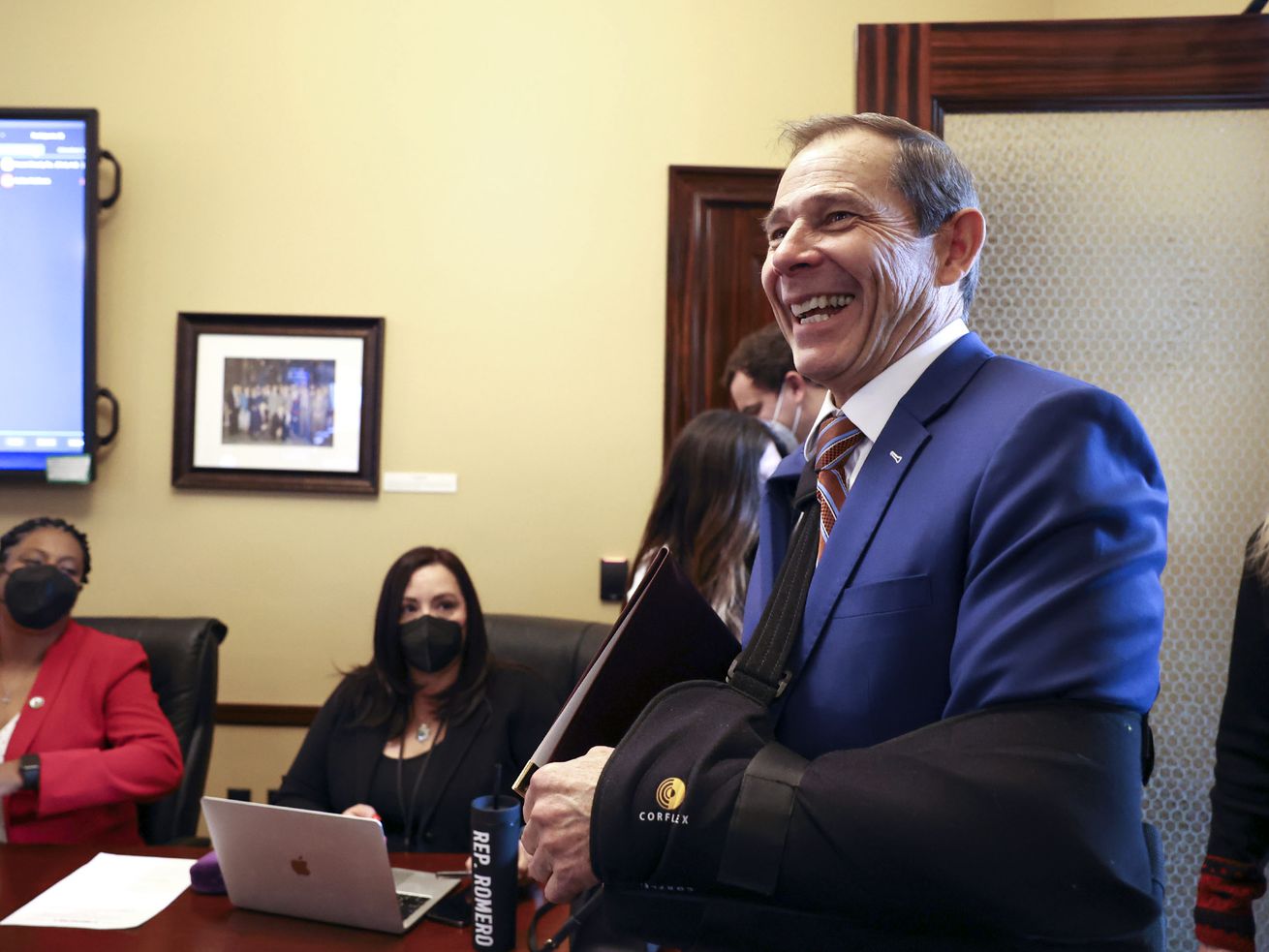 Rep. John Curtis, R-Utah, visits a House Minority
Caucus meeting during the 2022 session of the Utah Legislature at
the Capitol in Salt Lake City on Thursday.