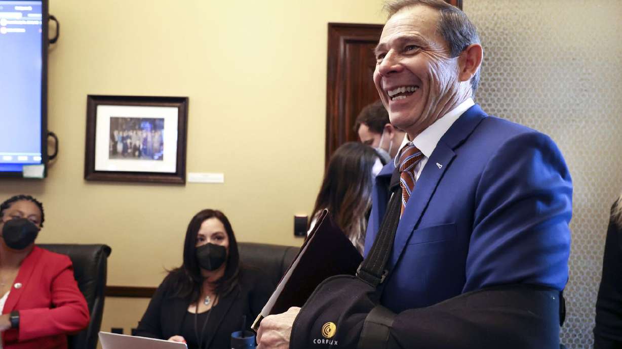 Rep. John Curtis, R-Utah, visits a House Minority
Caucus meeting during the 2022 session of the Utah Legislature at
the Capitol in Salt Lake City on Thursday.