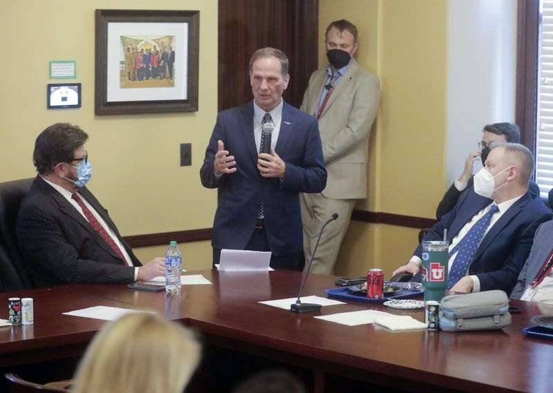Rep. Chris Stewart, R-Utah, speaks during a House
Minority Caucus meeting during the 2022 session of the Utah
Legislature at the Capitol in Salt Lake City on Thursday.