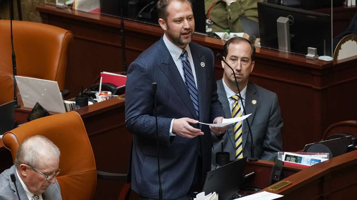 Rep. Jordan Teuscher, R-South Jordan, speaks at the Utah Legislature on Friday, Jan. 21. Teuscher has scrapped his proposal to require all Utah public school teachers to post all learning materials and syllabi for each day of instruction for parents to review.