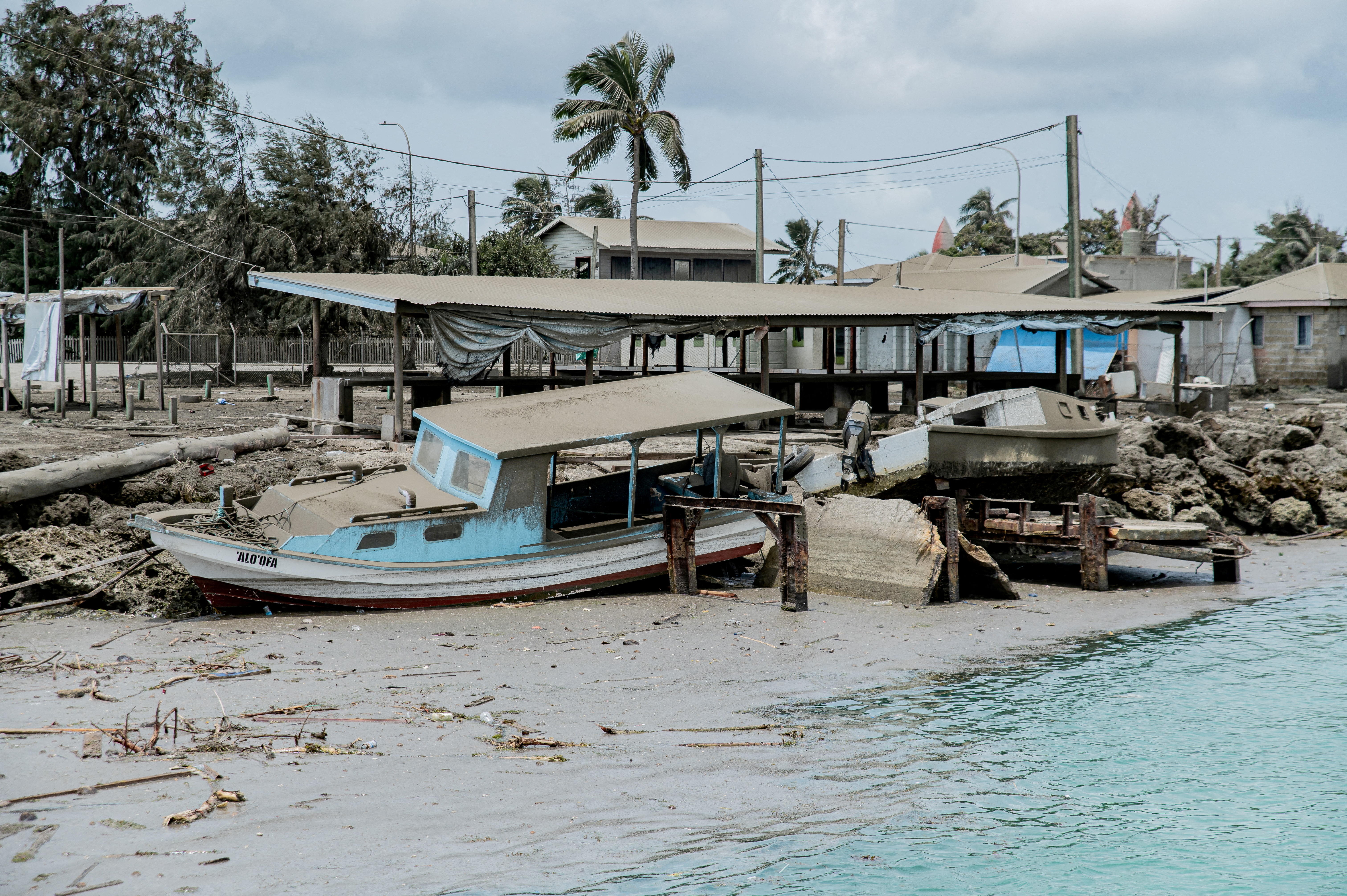 A general view shows damaged buildings following the volcanic eruption and tsunami in Tongatapu, Tonga, on Jan. 16 in this picture obtained from social media. 
