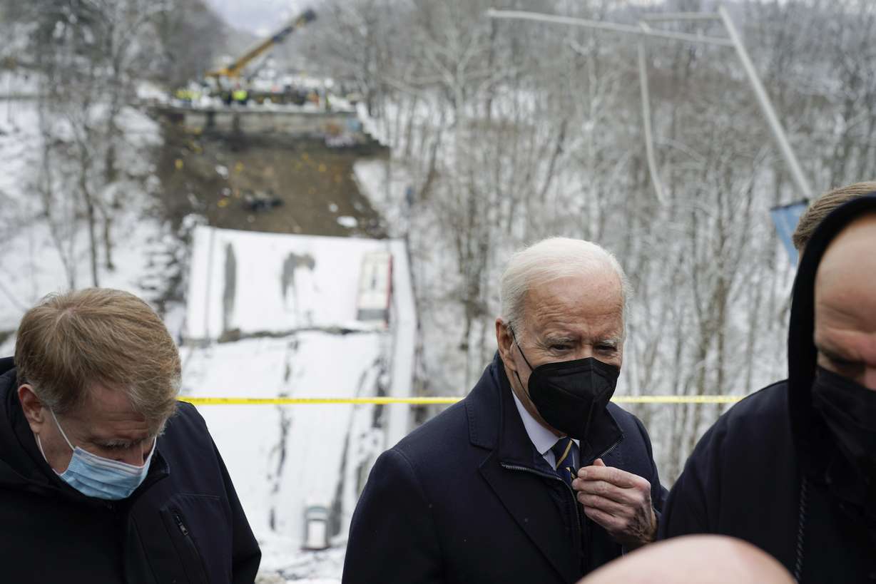 President Joe Biden visits the site where the Fern Hollow Bridge collapsed Friday, in Pittsburgh's East End.