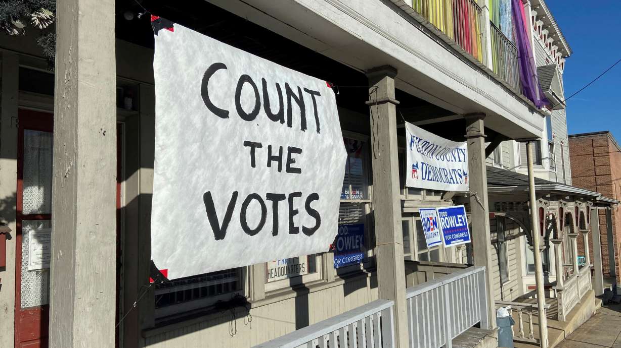A sign urging people to vote is seen on the porch of the Democratic Party's Fulton County headquarters on Election Day in McConnellsburg, Pennsylvania November 3, 2020.