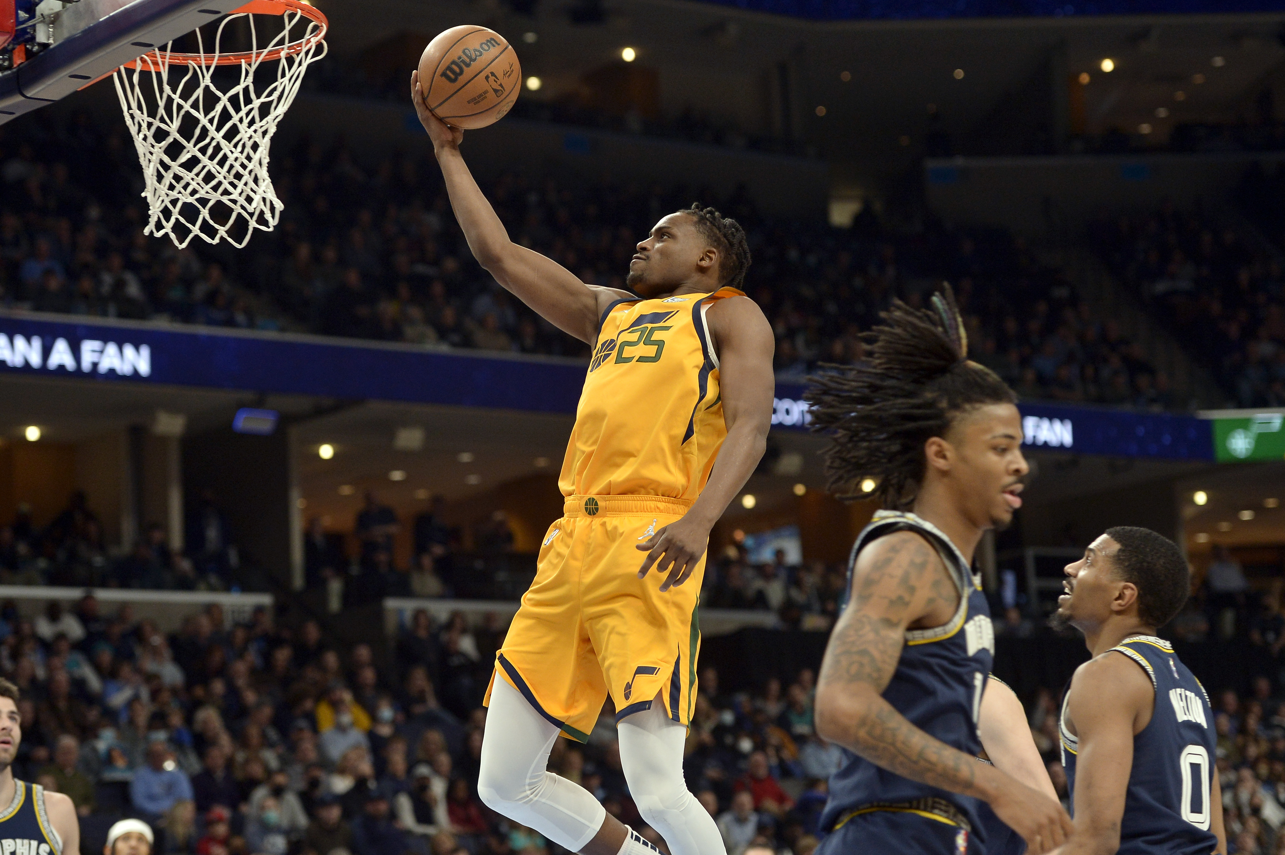 Utah Jazz forward Danuel House Jr. (25) shoots the ball in the second half of an NBA basketball game against the Memphis Grizzlies Friday, Jan. 28, 2022, in Memphis, Tenn.