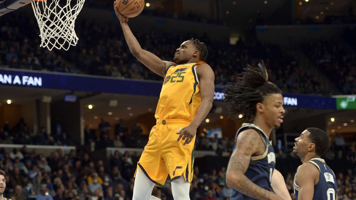 Utah Jazz forward Danuel House Jr. (25) shoots the ball in the second half of an NBA basketball game against the Memphis Grizzlies Friday, Jan. 28, 2022, in Memphis, Tenn.