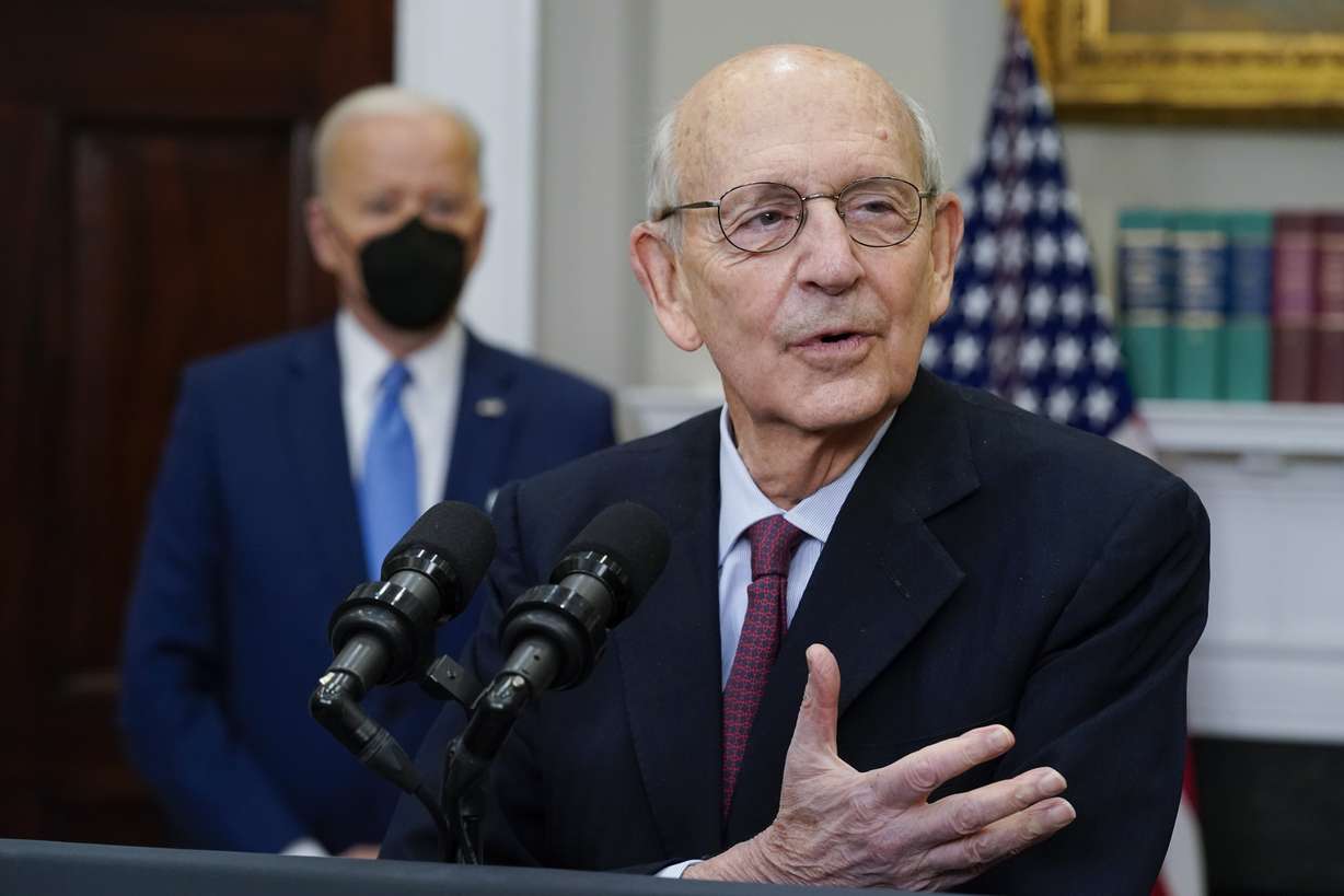 Supreme Court Associate Justice Stephen Breyer announces his retirement in the Roosevelt Room of the White House in Washington, Thursday, Jan. 27, 2022. President Joe Biden looks on.