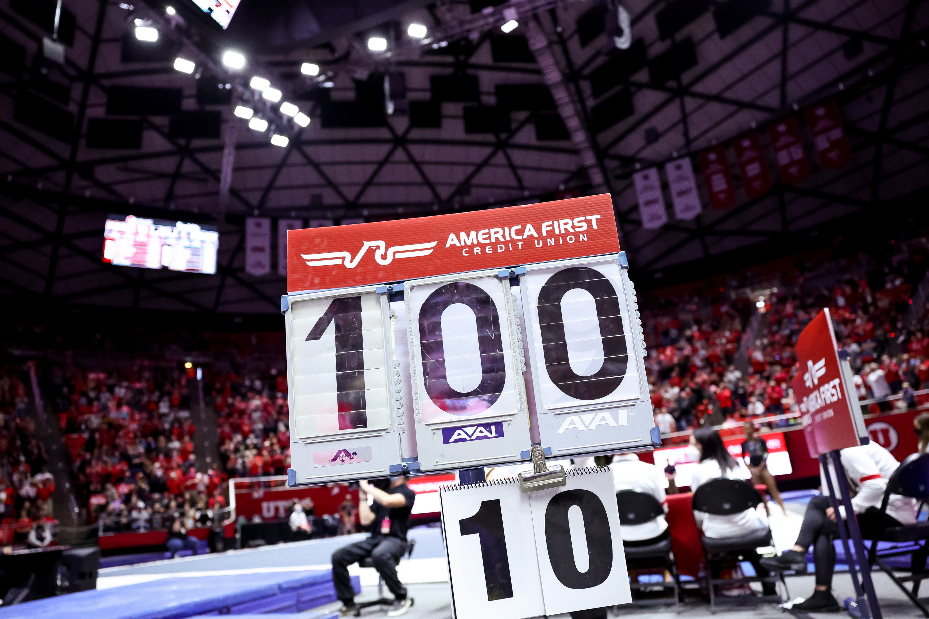 A scoreboard displays a perfect 10 earned by Utah’s Maile O’Keefe on beam during a meet against Stanford at the Huntsman Center in Salt Lake City on Saturday, Jan. 29, 2022.
