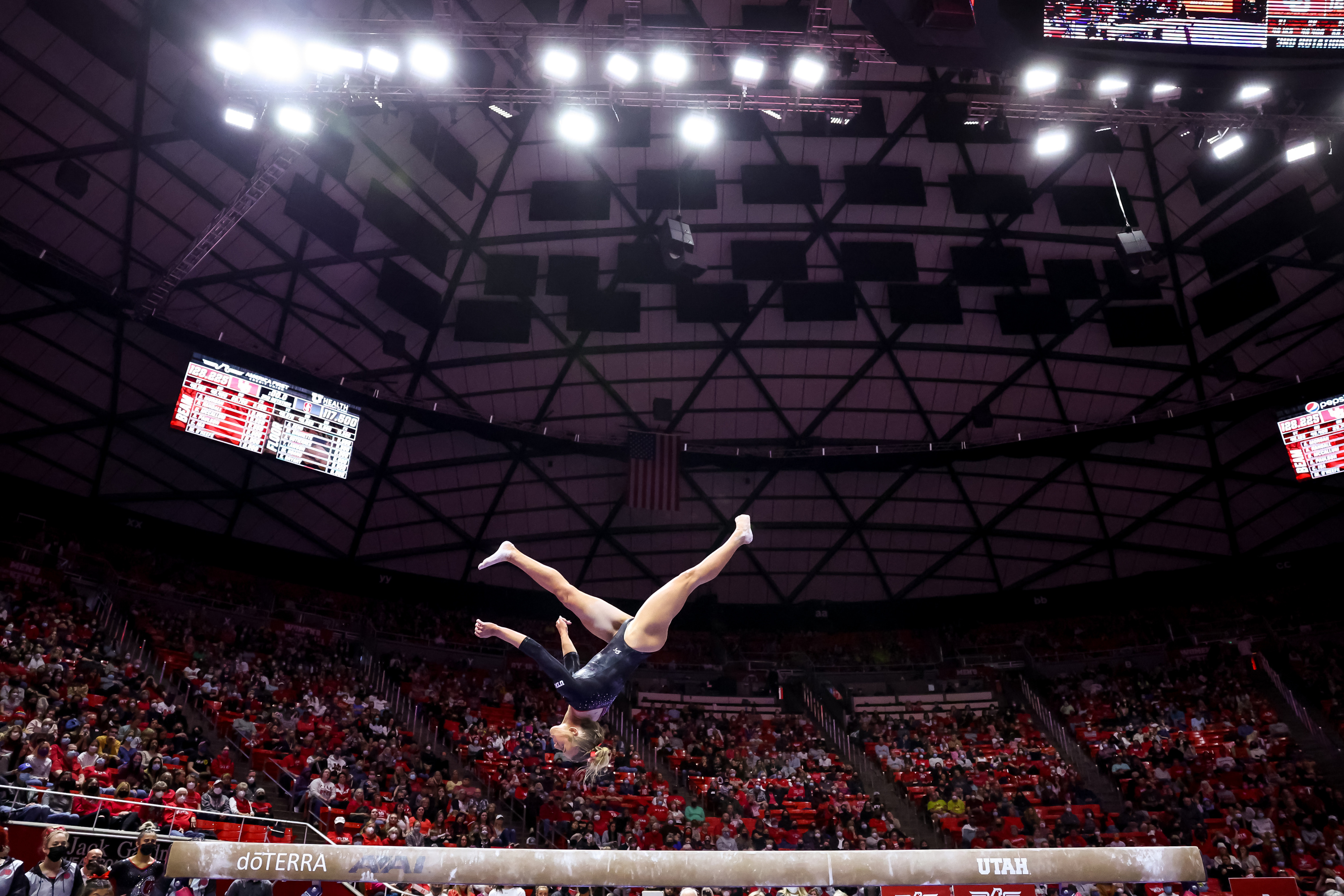 Utah’s Abby Paulson competes on beam during a meet against Stanford at the Huntsman Center in Salt Lake City on Saturday, Jan. 29, 2022.