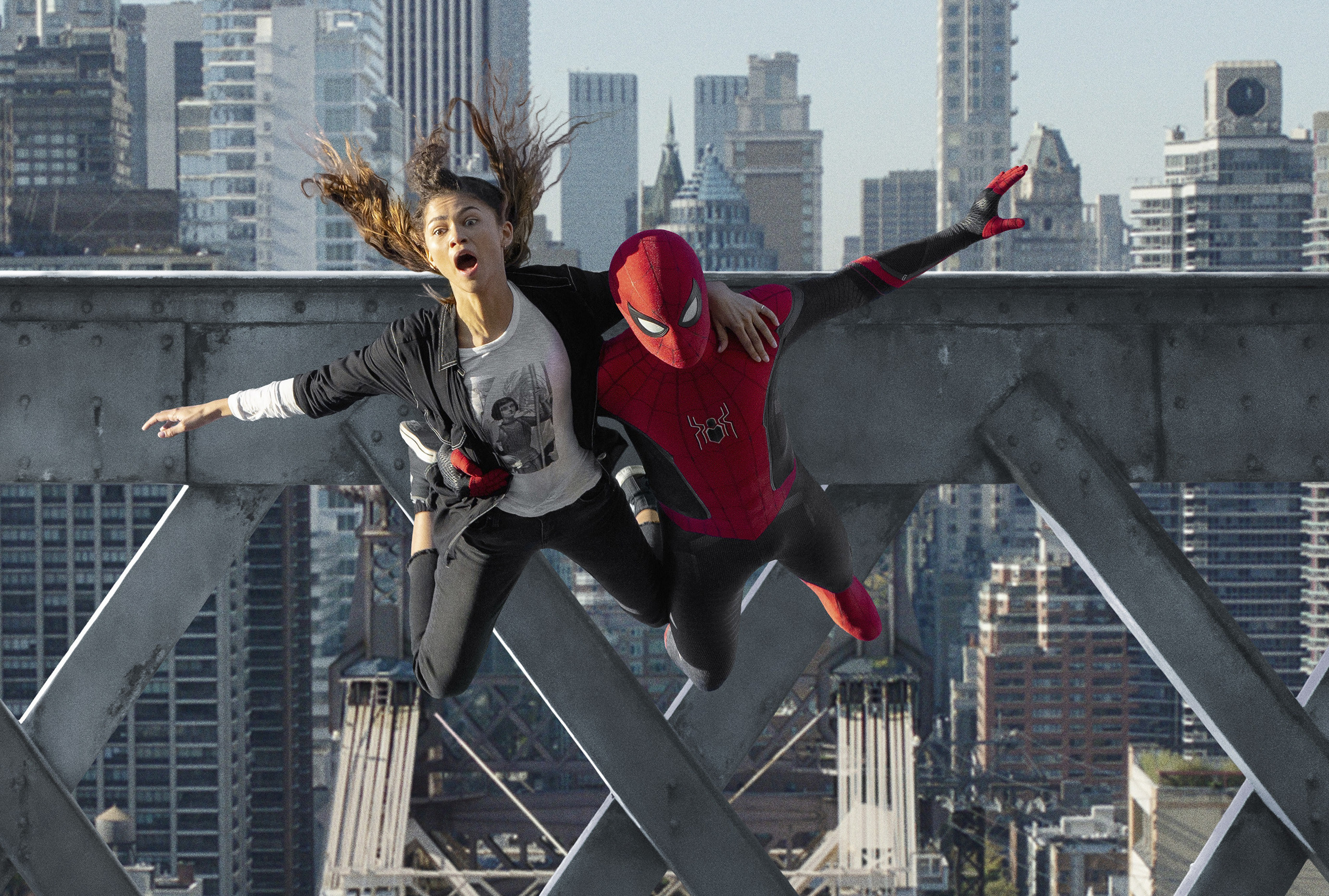 This image released by Sony Pictures shows Zendaya, left, and Tom Holland in Columbia Pictures' "Spider-Man: No Way Home." The movie again topped the box office in its seventh week of release.