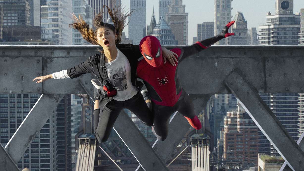 This image released by Sony Pictures shows Zendaya, left, and Tom Holland in Columbia Pictures' "Spider-Man: No Way Home." The movie again topped the box office in its seventh week of release.