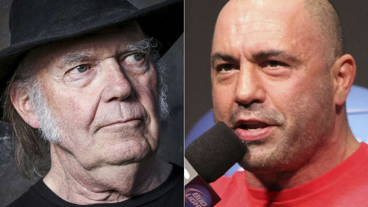 This combination photo shows Neil Young in Calabasas, Calif., on May 18, 2016, left, and UFC announcer and podcaster Joe Rogan before a UFC event in Seattle on Dec. 7, 2012. Young had his music removed from Spotify in protest over Rogan's popular podcast spreading misinformation about COVID-19.
