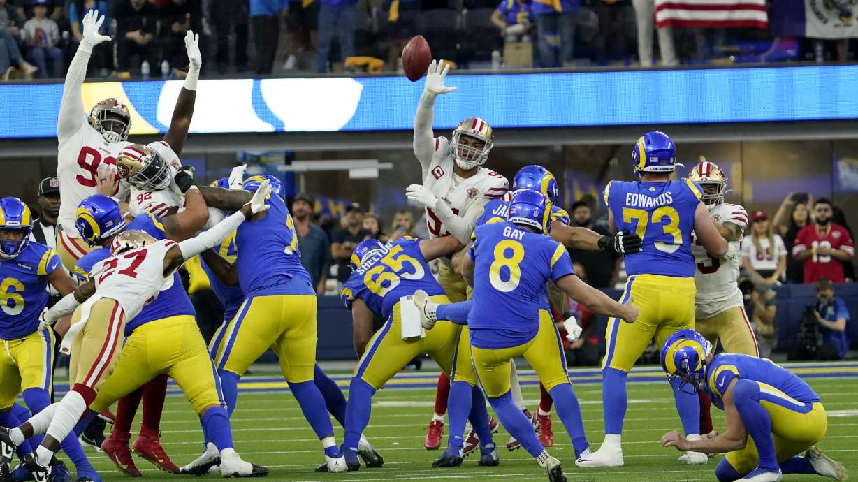 Los Angeles Rams' Matt Gay (8) misses a field goal during the first half of the NFC Championship NFL football game against the San Francisco 49ers Sunday, Jan. 30, 2022, in Inglewood, Calif.