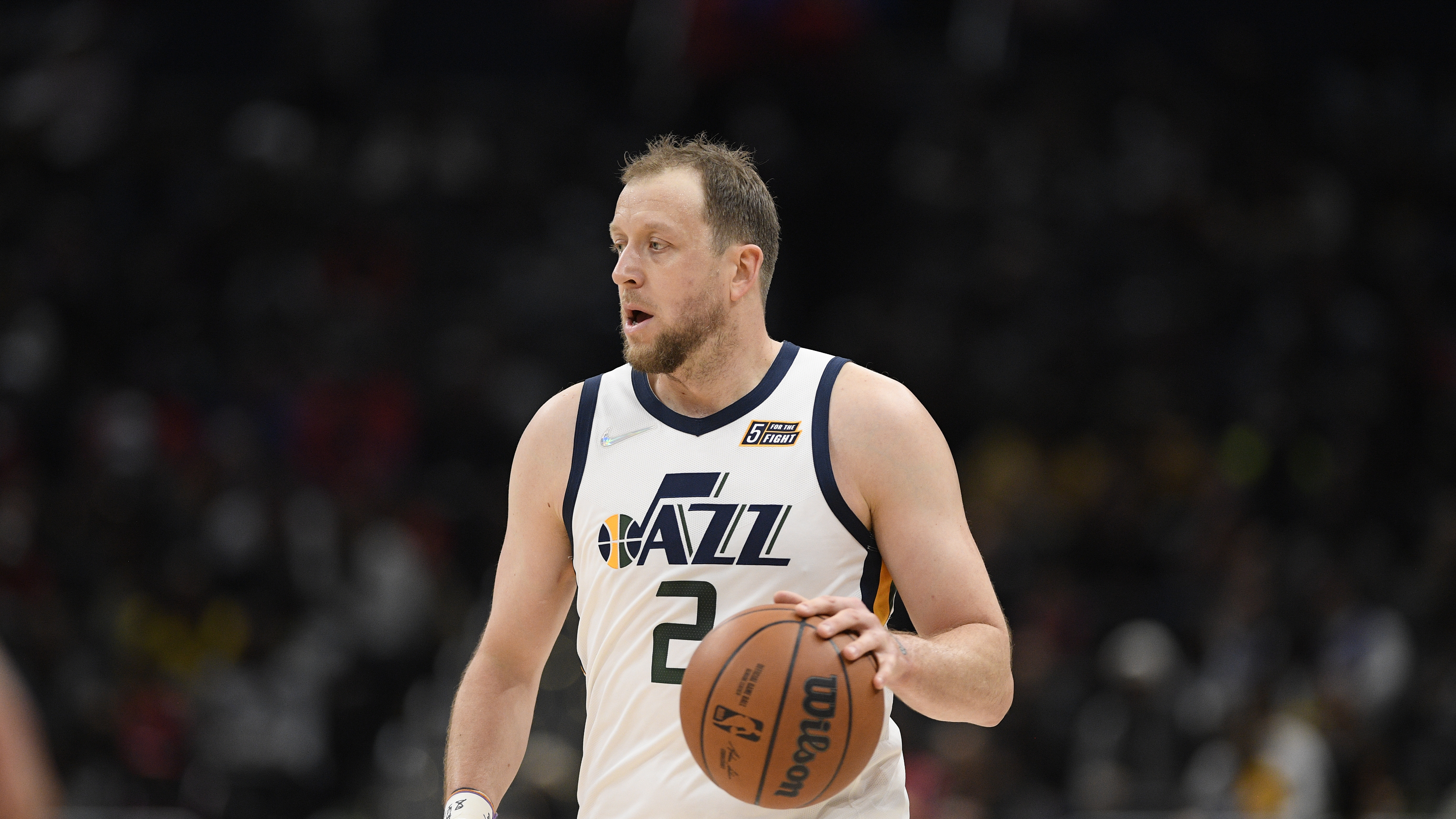 Utah Jazz guard Joe Ingles (2) in action during the first half of an NBA basketball game against the Washington Wizards, Saturday, Dec. 11, 2021, in Washington. 