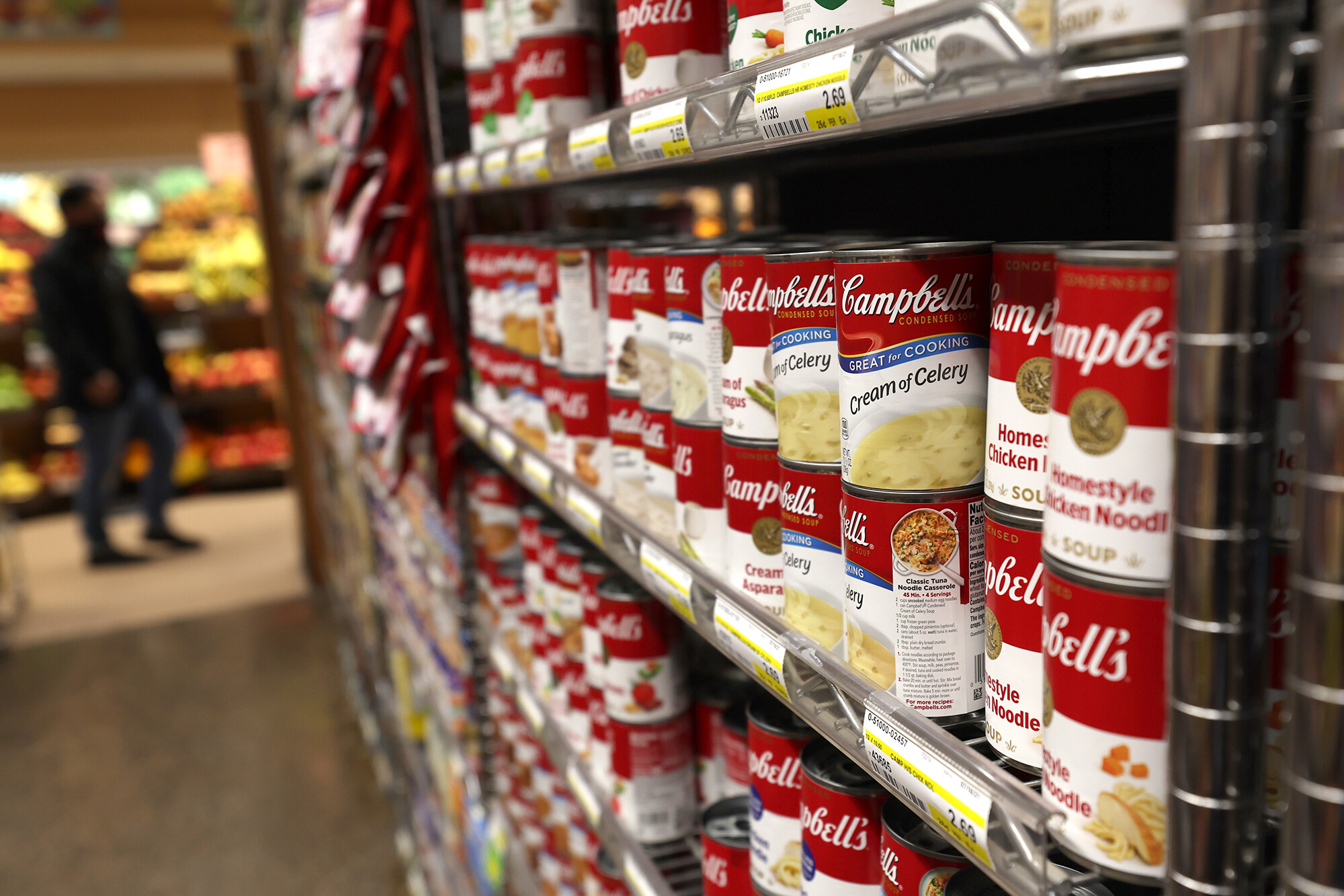 Grocery prices keep going up. Cans of Campbell's Soup are displayed on a shelf at Scotty's Market on December 08, 2021, in San Rafael, California.