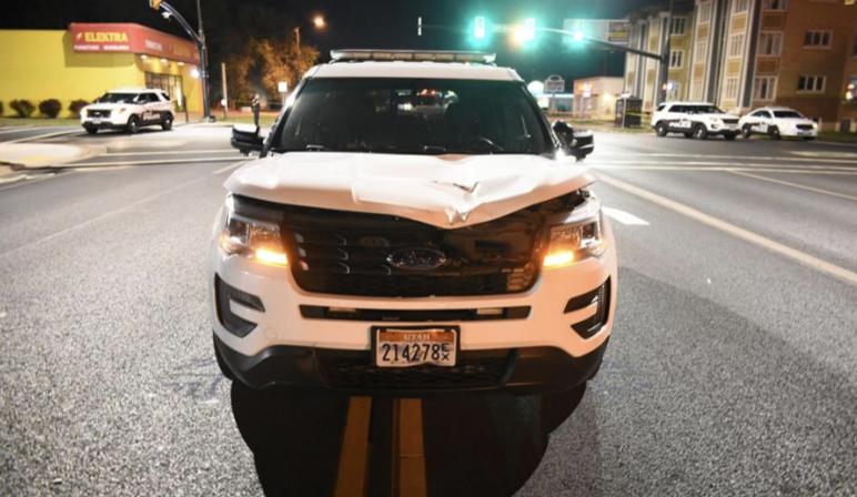 Weber State University police officer Paul Tavake's patrol car is shown here after it struck and killed William Casselman on Sept. 30, 2021, along Washington Boulevard in Ogden. Tavake has been cleared of any wrongdoing by the Weber County Attorney's Office. 