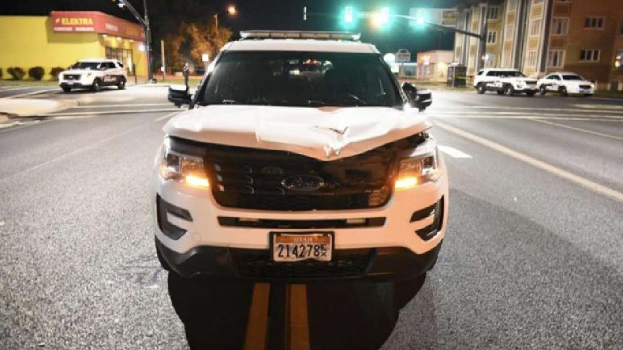 Weber State University police officer Paul Tavake's patrol car is shown here after it struck and killed William Casselman on Sept. 30, 2021, along Washington Boulevard in Ogden. Tavake has been cleared of any wrongdoing by the Weber County Attorney's Office.
