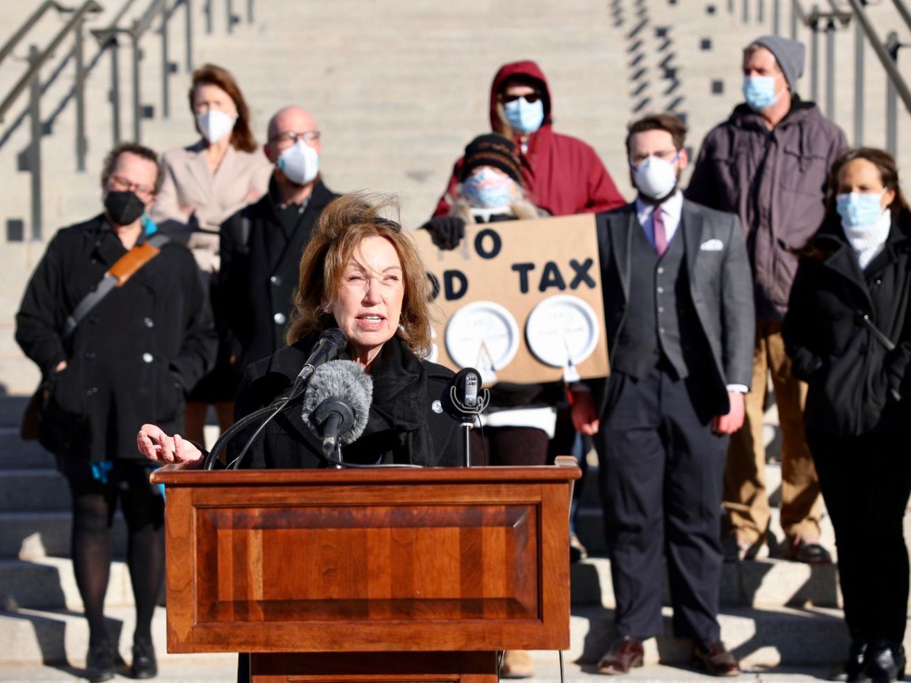 Rep. Rosemary Lesser, D-Ogden, speaks at a food tax press conference on the steps of the Capitol in Salt Lake City on Tuesday.
