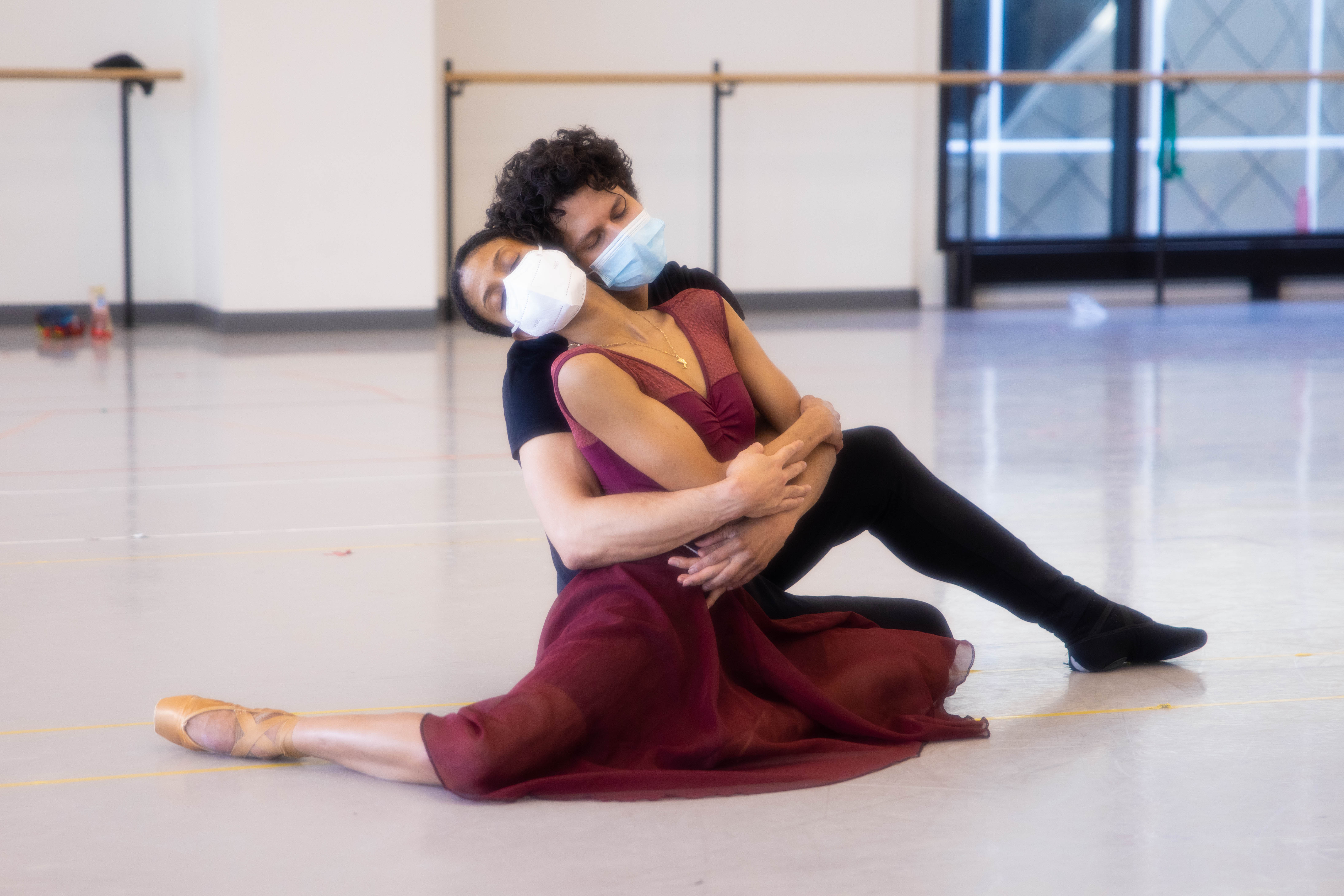 Katlyn Addison and Hadriel Diniz embrace during a rehearsal of Ballet West's Romeo and Juliet.