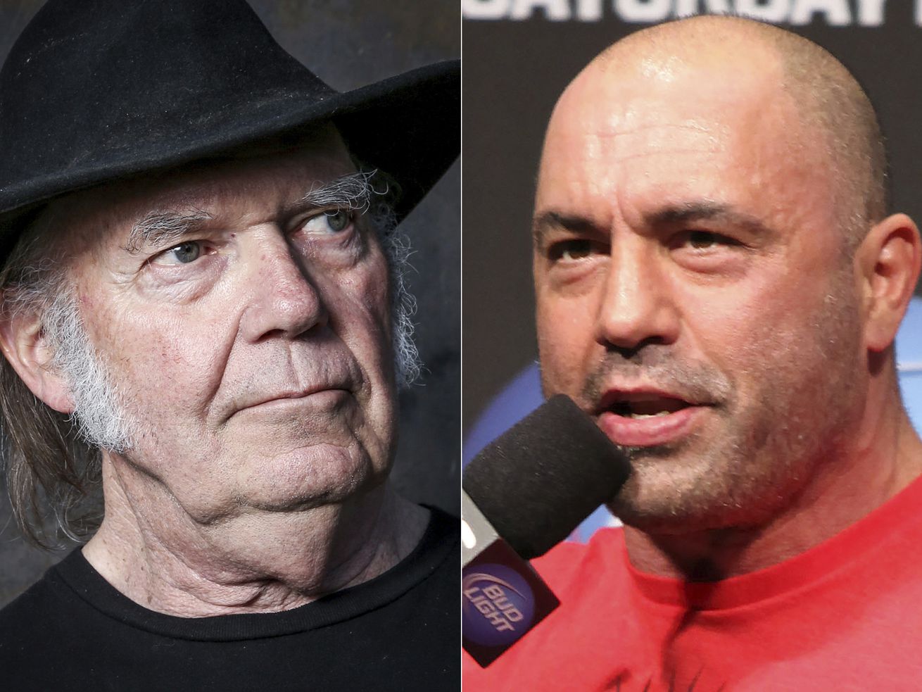 This combination photo shows Neil Young in Calabasas, Calif., on May 18, 2016, left, and UFC announcer and podcaster Joe Rogan, right, before a UFC event in Seattle, Dec. 7, 2012.