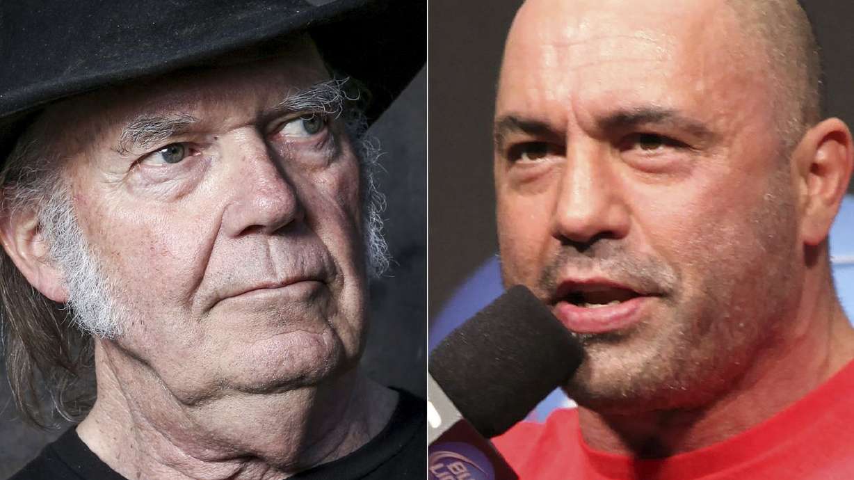 This combination photo shows Neil Young in Calabasas, Calif., on May 18, 2016, left, and UFC announcer and podcaster Joe Rogan, right, before a UFC event in Seattle, Dec. 7, 2012.