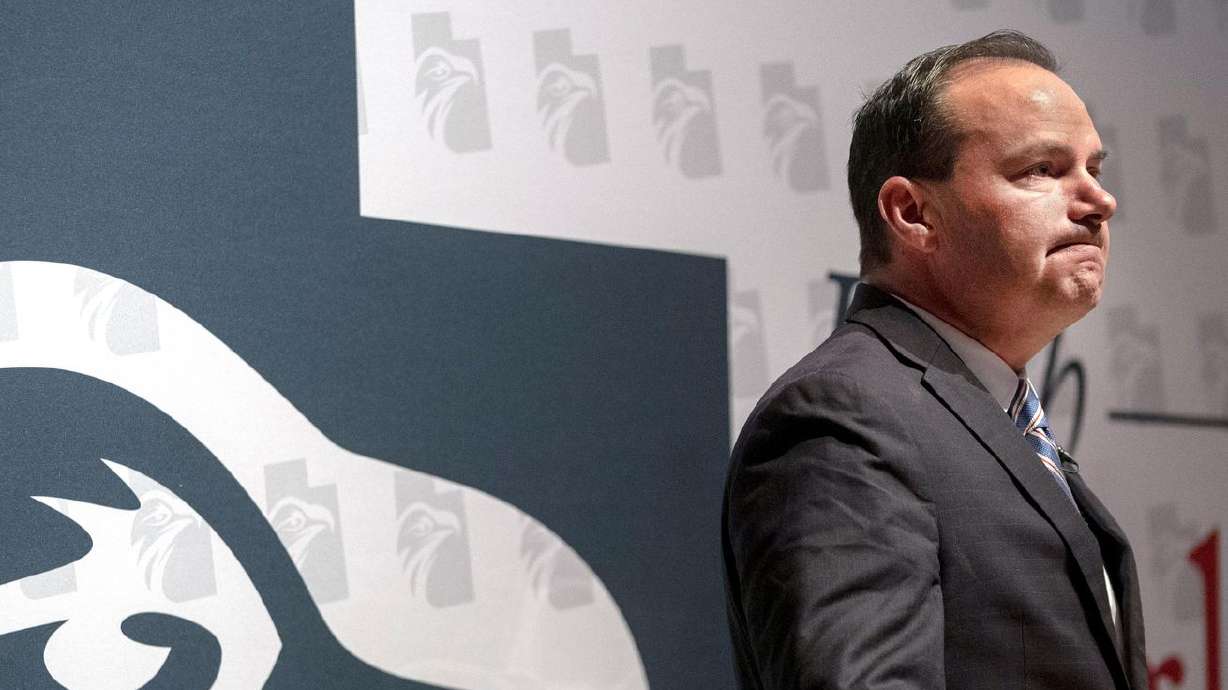 Sen. Mike Lee, R-Utah, speaks during Utah Eagle Forum’s
annual convention at Salt Lake Community College in Sandy on Jan.
8.. A new poll shows 42% of Utah voters approve of the job Lee is doing, while 38%
disapprove.