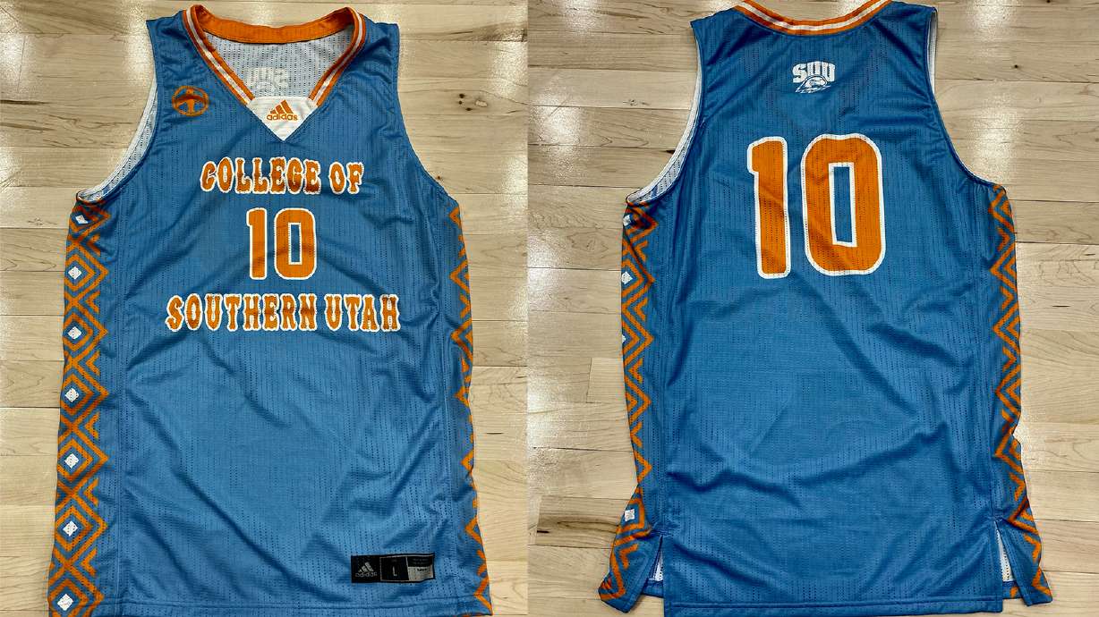 The front and back of the SUU turquoise and coral "throwback" jersey top that the school will wear on Thursday. The school had those colors in the 1960s through 1980.