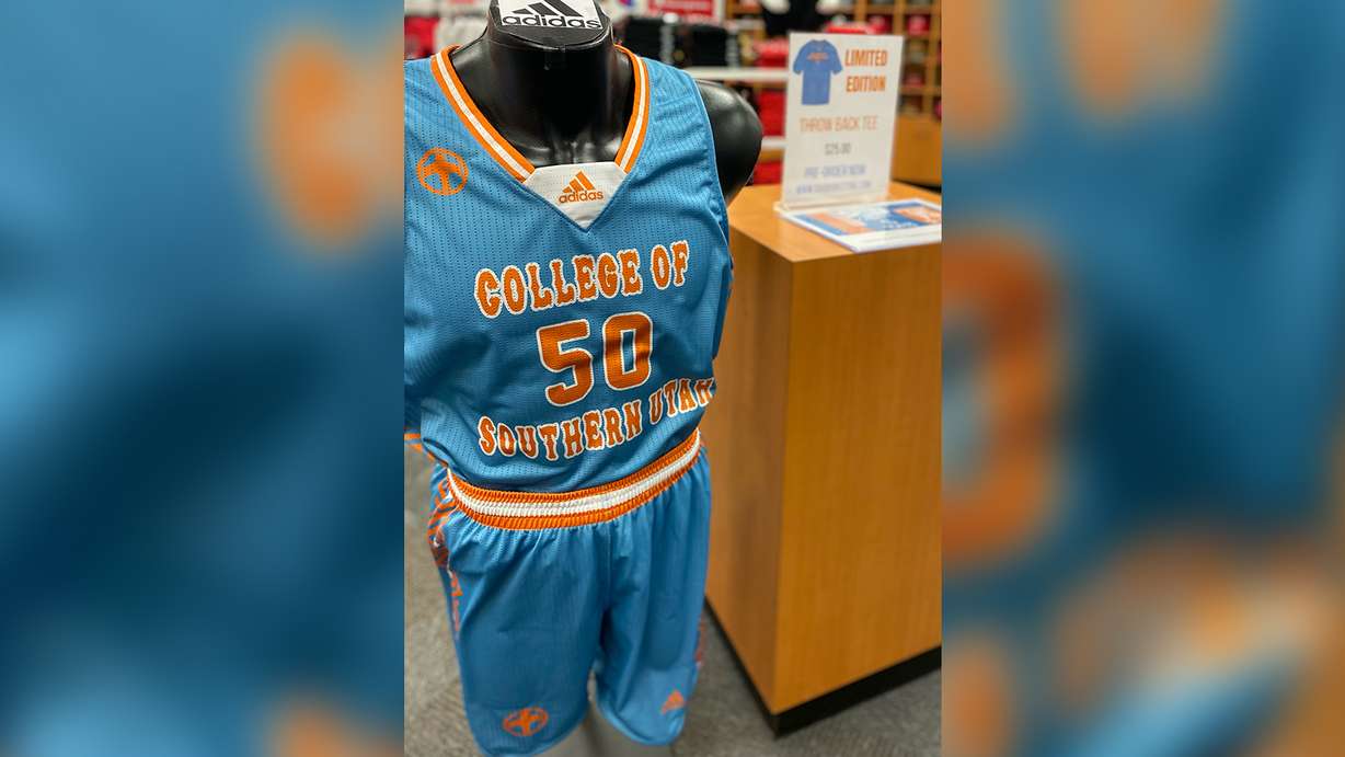 SUU's "throwback" turquoise and coral jersey on display at the SUU Bookstore Monday. The SUU men's basketball team will wear the jersey Thursday.