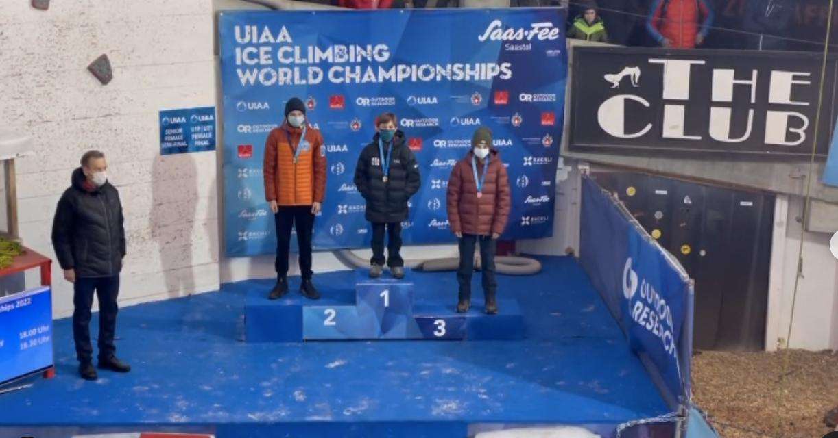 Landers Gaydosh stands in 1st place at the Ice Climbing World Championships, in Switzerland, on Saturday.