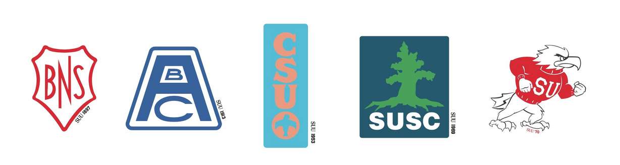 A display of some of the old college names, logos and colors since Southern Utah University was established in 1897.