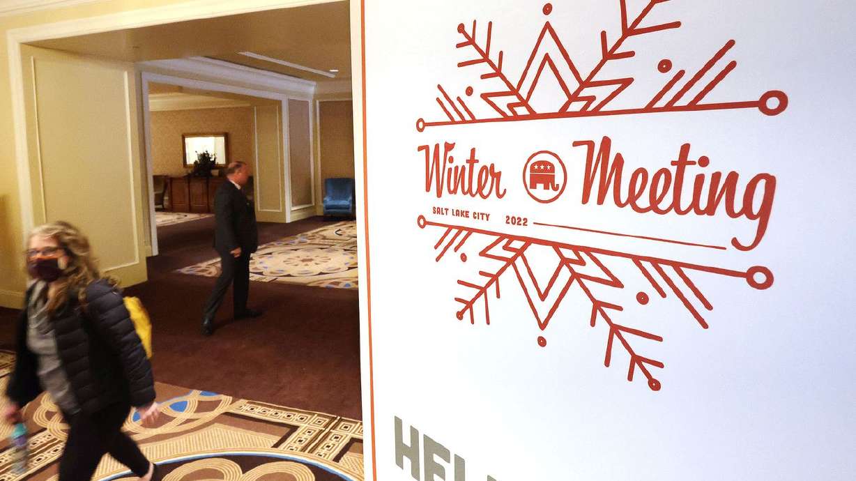 Attendees walk into the Republican National Committee winter meeting at the Grand America Hotel in Salt Lake City on Wednesday.