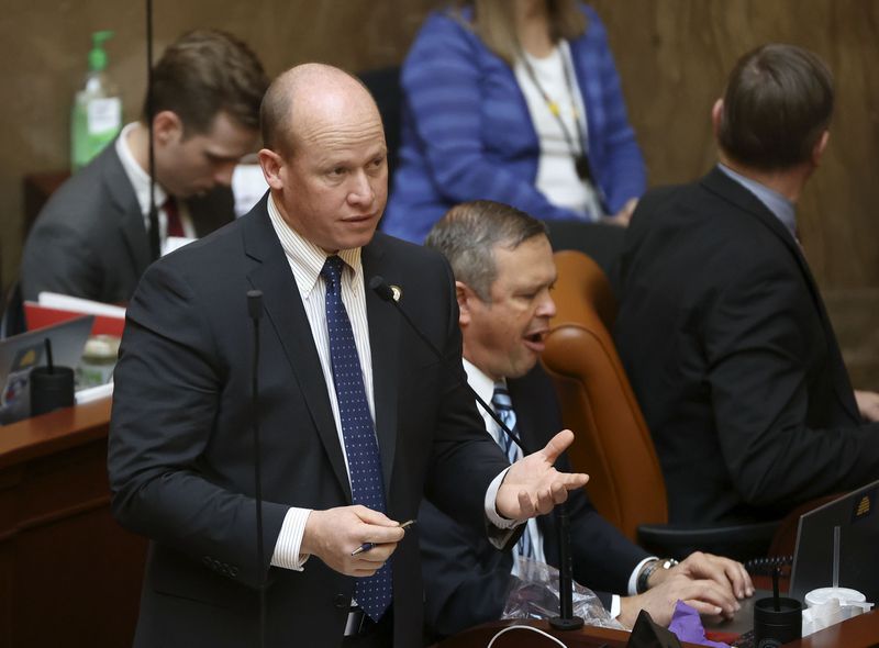 Rep. Joel Ferry, R-Brigham City, speaks in the House chamber at the state Capitol in Salt Lake City on Jan. 27. The Utah Democratic Party filed a federal lawsuit Thursday against Lt. Gov. Deidre Henderson and Ferry, now acting director of a state office, in an attempt to remove him from the November legislative race.