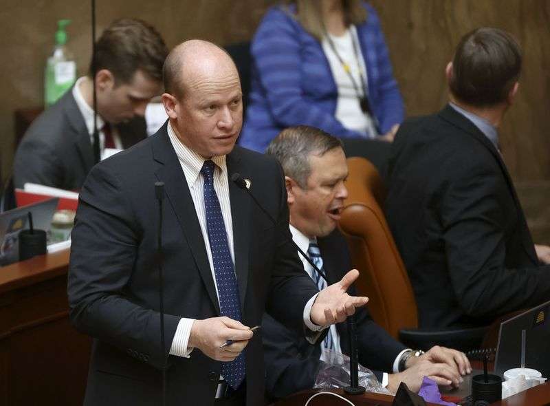 Rep. Joel Ferry, R-Brigham City, speaks in the House
chamber during the 2022 session of the Utah Legislature at the
Capitol in Salt Lake City on Thursday, Jan. 27. Ferry is the
floor sponsor of SB46, which requires that state and local
governments treat medical marijuana prescriptions the same as they
treat prescriptions for other controlled substances.